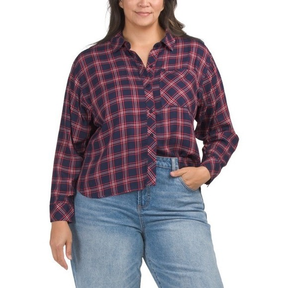 Zac & Rachel Tops - Zac & Rachel Plaid Button Down Shirt Size 2X Navy‎ Red Rayon Lightweight NWT